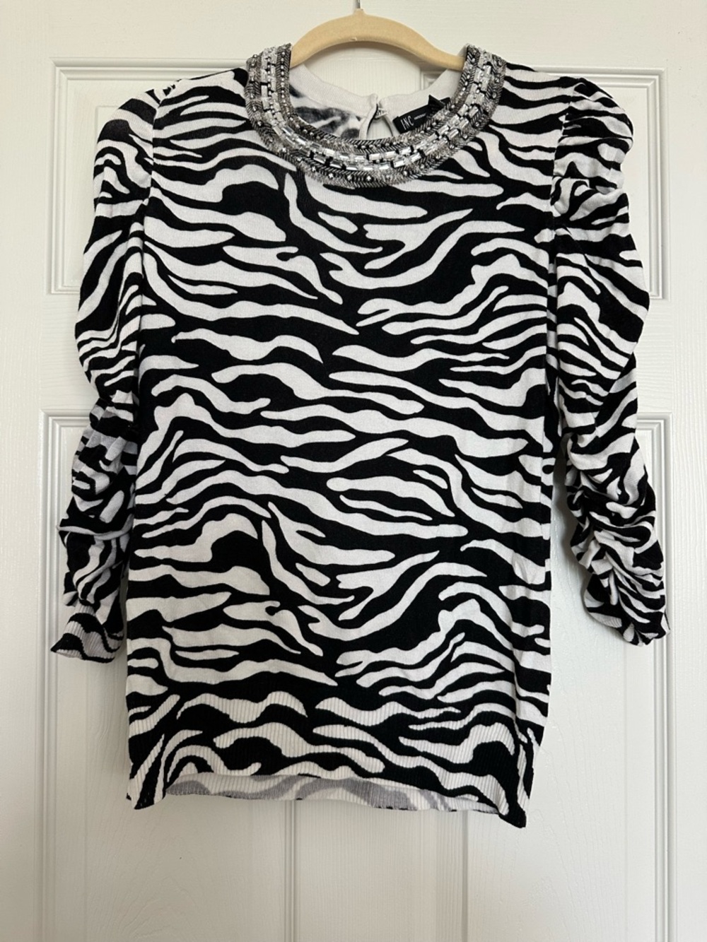 INC International Concepts Black & White Zebra Print Beaded Neck Top